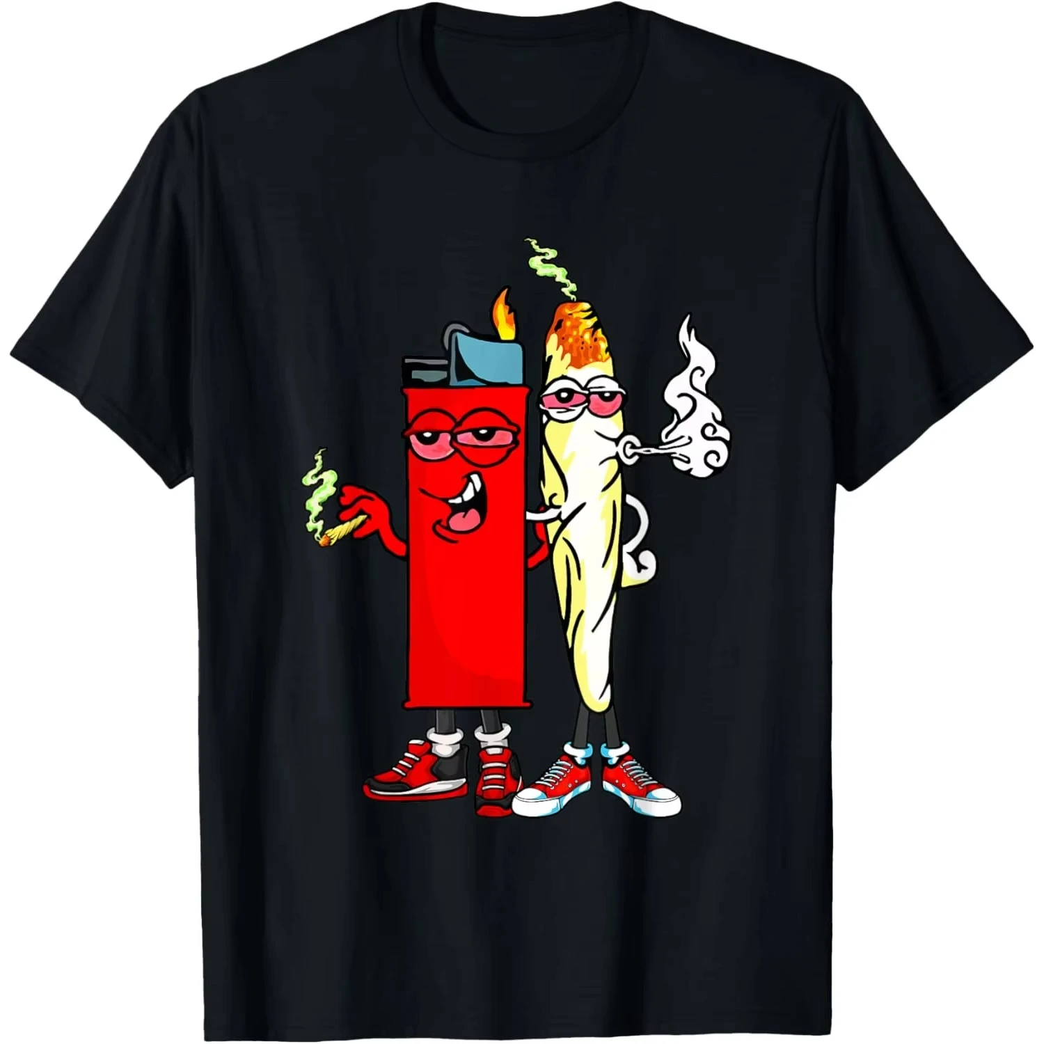 Funny Lighter and Weed Joint Couple Graphic Tee Cotton Short Sleeve Round Neck Men's T-Shirt
