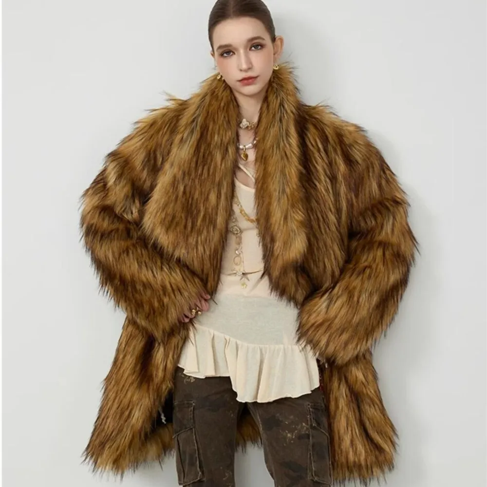 Winter Gradient Gold Brown Long Hairy Shaggy Raccoon Faux Fur Coat Women Furry Lapel Furry Midi Long Loose Oversized Outerwear