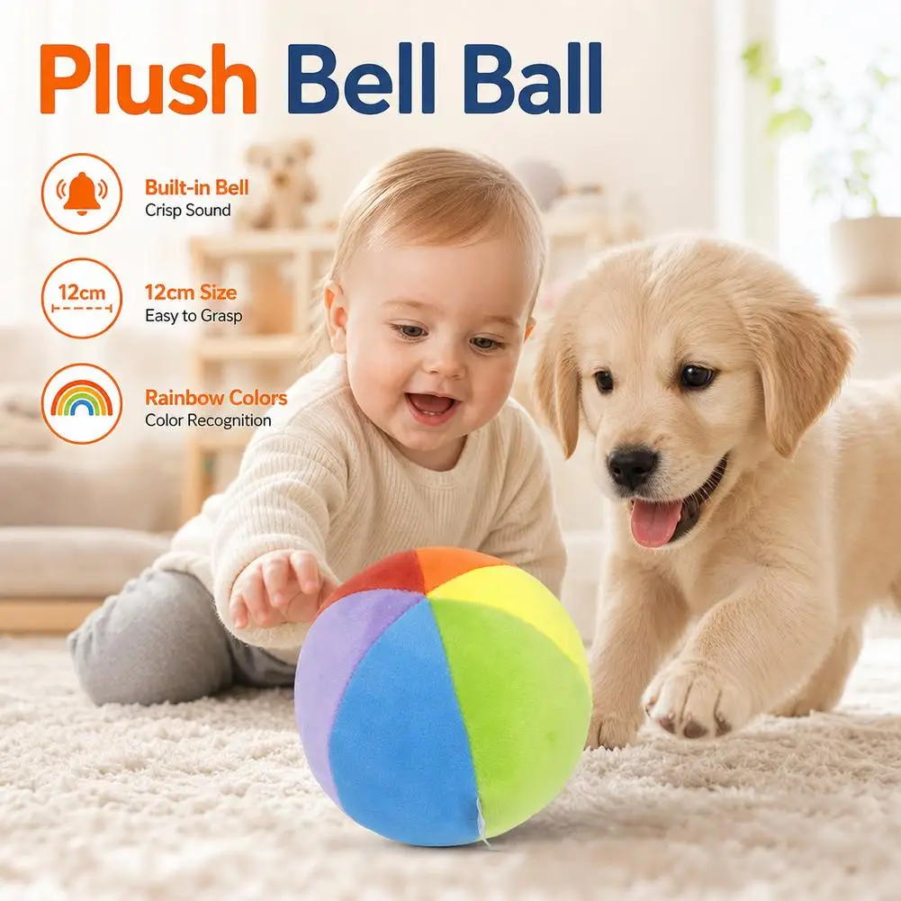 Baby Rainbow Plush Bell Ball 12cm Soft Stuffed Rattle Ball Infant Sensory Toy Early Educational Hand Grasp Toy for Toddler
