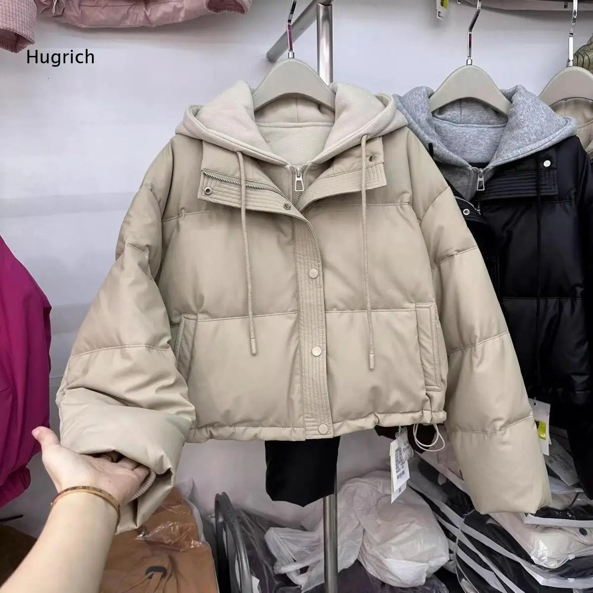 Women's Faux Leather Puffer Jacket with Hooded Sweatshirt Layered Look Short Padded Coat Winter Warm Outerwear for Ladies