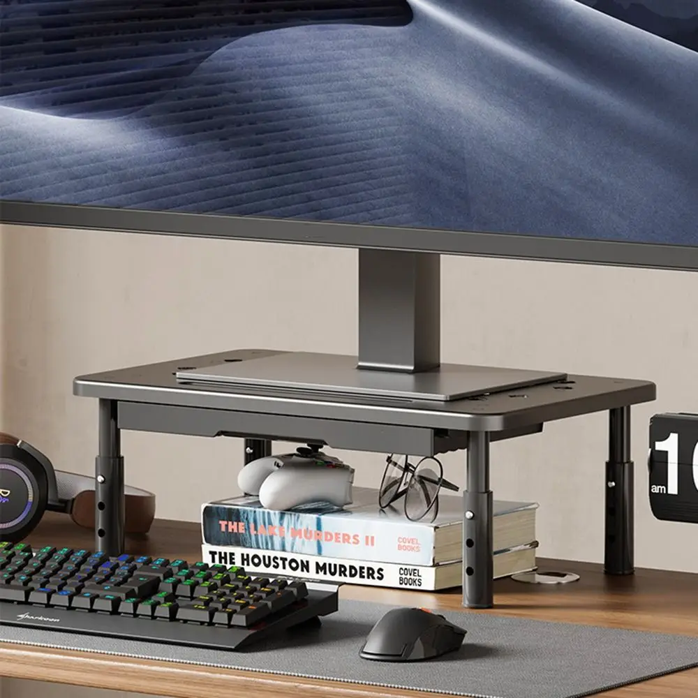 3 Height Adjustable Computer Monitor Riser Airflow Vents Elevated View Angle Desktop Screen Elevator with Drawer Space Saving