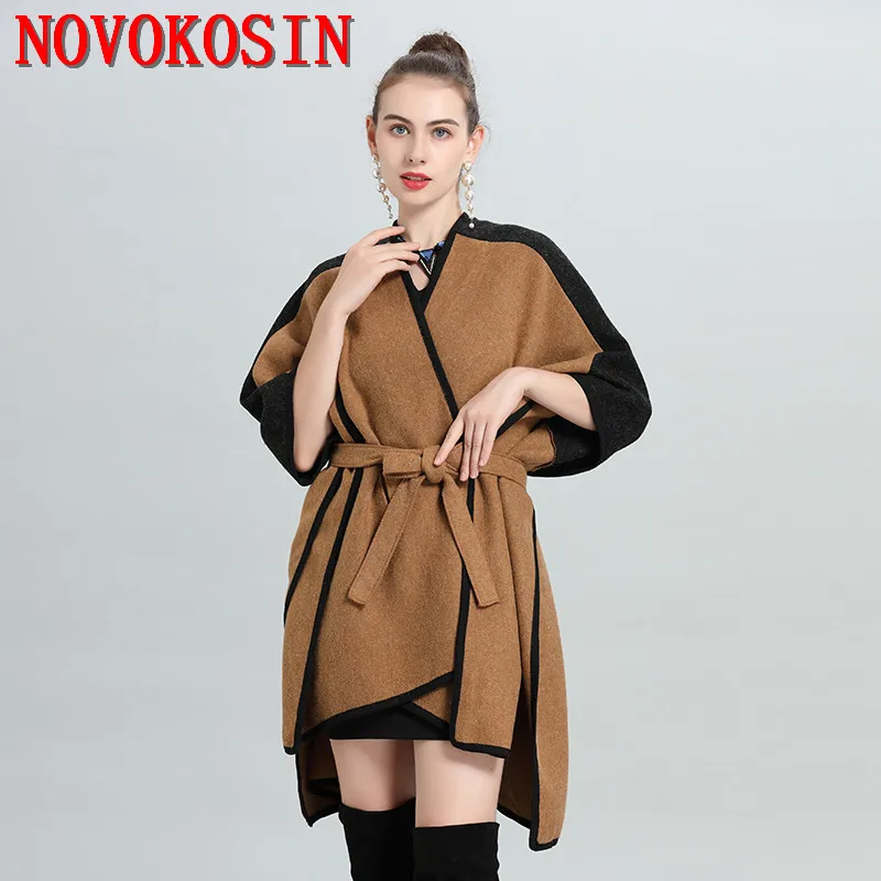 

2 Color Oversize Robe Winter Knitted Poncho Coat Women Cardigan Cloak With Belt Out Streetwear Batwing Sleeves Faux Woolen Capes