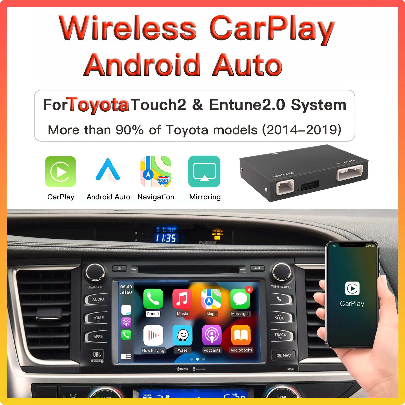 Carplay sans fil Android Auto pour Toyota, CHR, RAV4, Avalon, CorTrustCamry, yadditif, Auris, RAV4, Highlander, Touch 2, 2014-2019