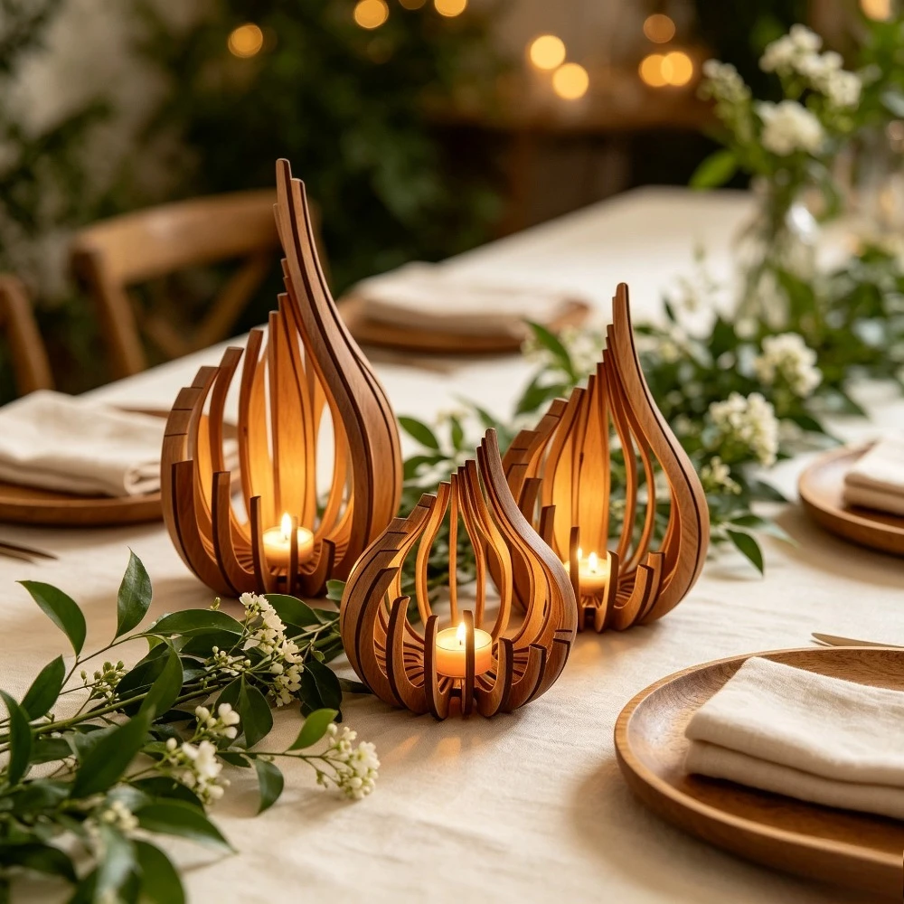 Modern Hollow Wooden Tealight Candle Holder Teardrop Shape Wood Candlestick for Wedding Dining Table Centerpiece