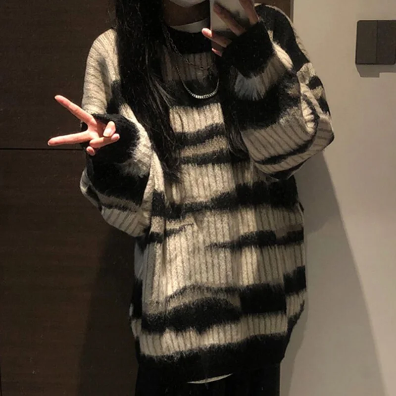 American Vintage Mohair Sweater Women Lazy Wind Mid Length Striped Knitted Pullover Fall Winter Streetwear O Neck Jumper Tops