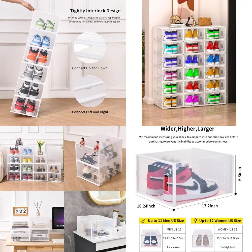 

Stackable Clear Plastic Shoe Boxes - 12 Pack, Size 11 Fit, Shoe Rack Alternative, Organizer for Sneakers, Toys, Under Bed Storag