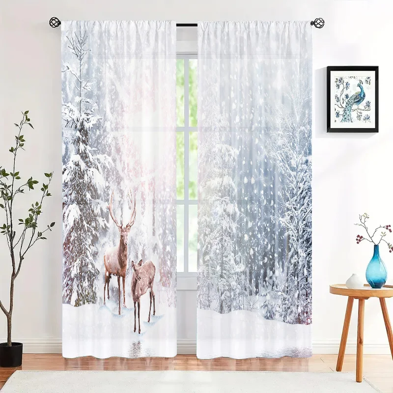 2 pieces, reindeer curtains in winter forest snow -30% blackout - suitable for living room, bedroom, kitchen, home decoration