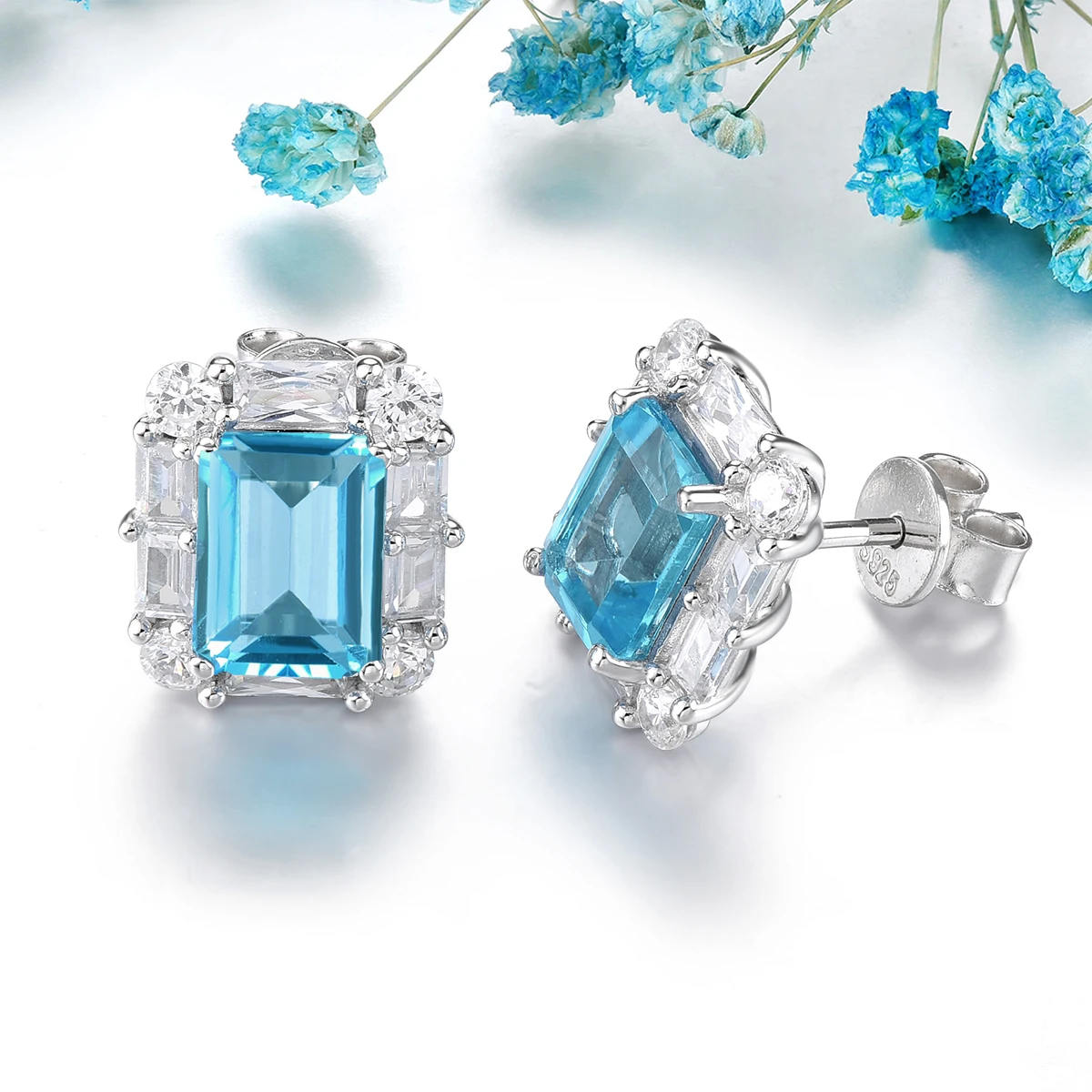 Natural Blue Topaz Sterling Silver Stud Earring 3.9 Carats Gemstone Women Classic Fine Jewelry Style S925 Birthday Gifts view 4
