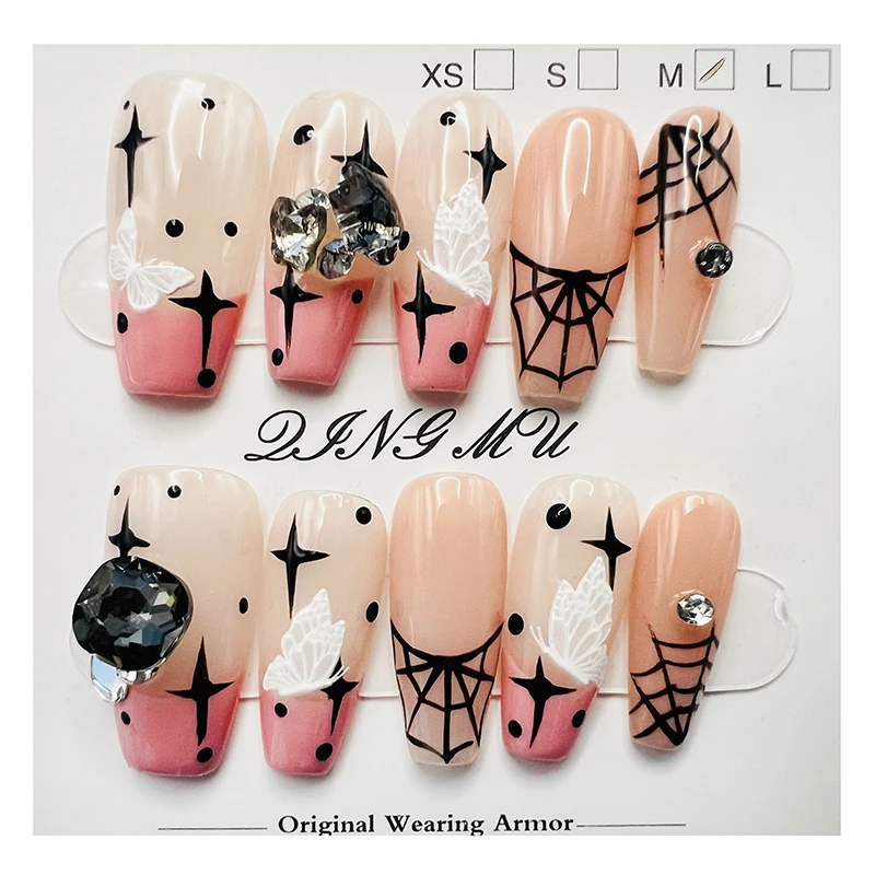 

Pure Handmade Pink Spider Web French Wear Nail Full Coverage Removable Waterproof Nail Art Piece Medium Long DIY nails fake