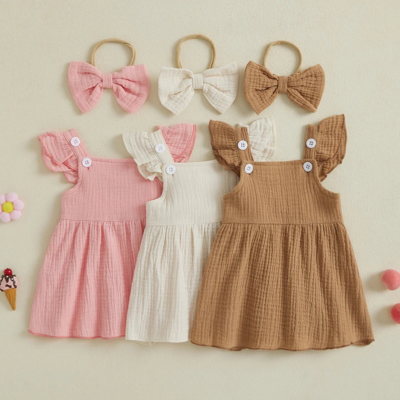 

Toddler Baby Girls Summer A Line Dress Solid Color Flutter Sleeves Square Neck Casual Dress And Bow Headband Streetwear