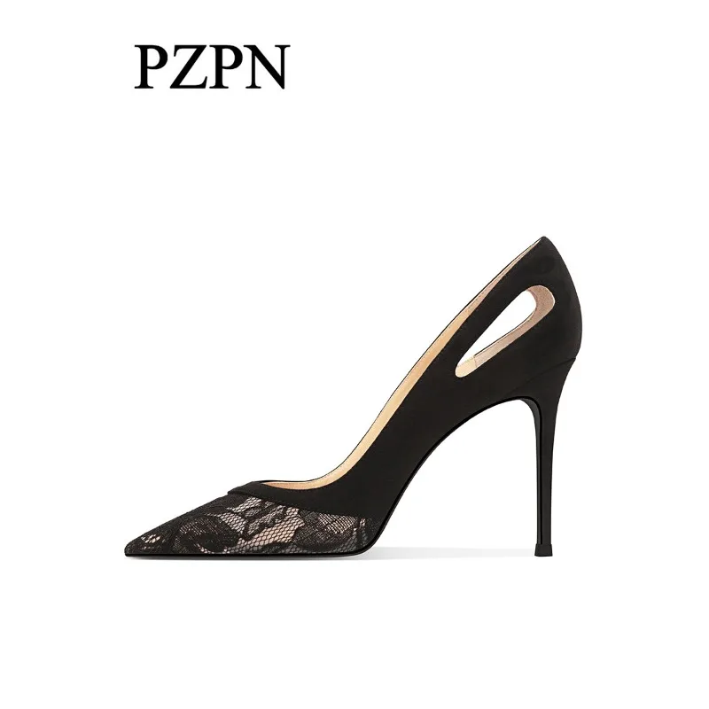 

Black mesh high heels for women, 2026 new summer breathable lace versatile pointed thin heel hollowed out single shoes for women