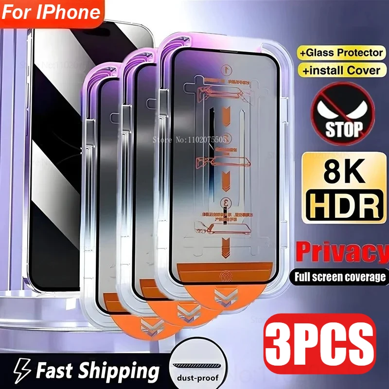 

3PCS Anti-Spy Tempered Glass for IPhone 16 15 Promax 14 Plus Privacy Protector 13 Pro 11Pro 12Mini with Alignment Mounting Cover