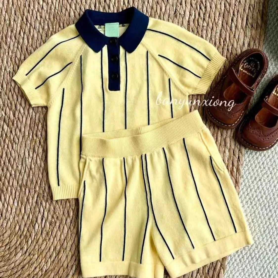 

Boys Suit 2026 Spring and Summer New Childrens Clothes Boys Baby Fashion Yellow Striped Knit T-shirt Shorts Two-piece Set