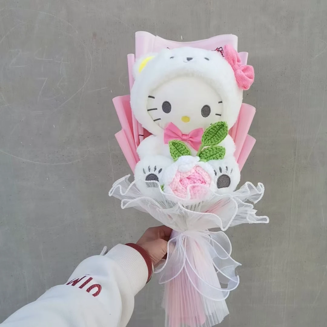 Cartoon Anime Kitty Bouquet With Rose Woven Bouquet Fake Flower hand-crochet Simulation Flower Valentine's Day Gift