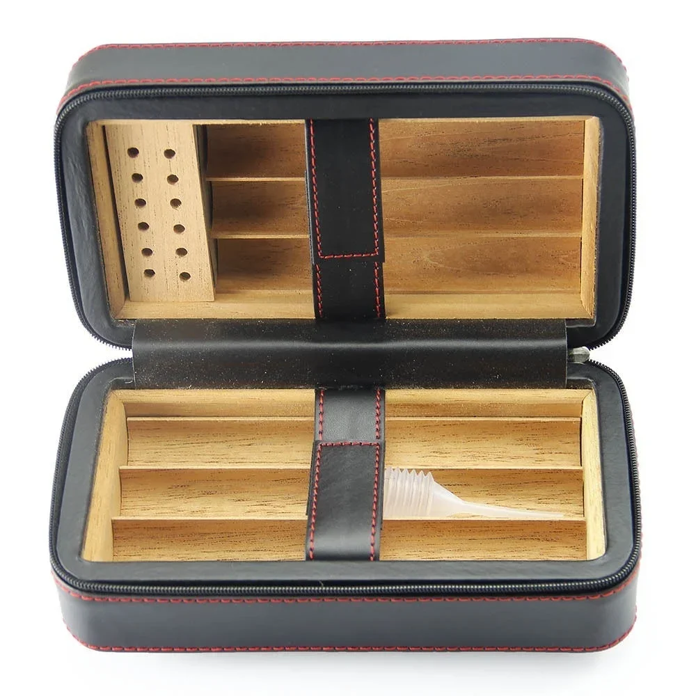 6 Count Cigar Case Holder Black Leather Cedar Wood Lined Cigar Humidor for Men Gifts Cigar Box Travel Smoking Accessories