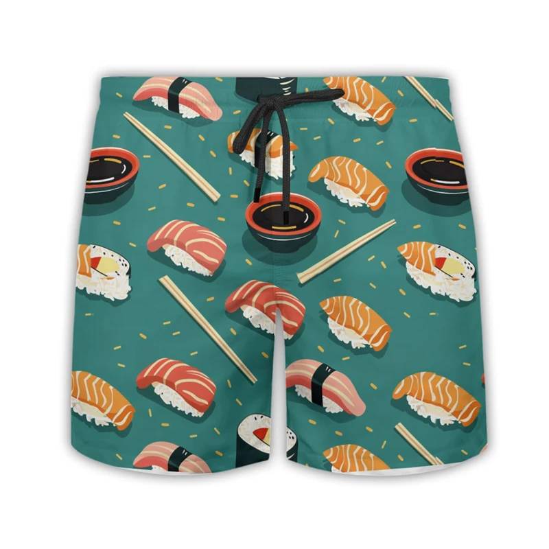 Delicious Sushi Shrimp Short Pants For Men Clothes Hip Hop Hawaiian Rice Balls Beach Shorts  Fast Food Bento Trunks Boy Bermudas