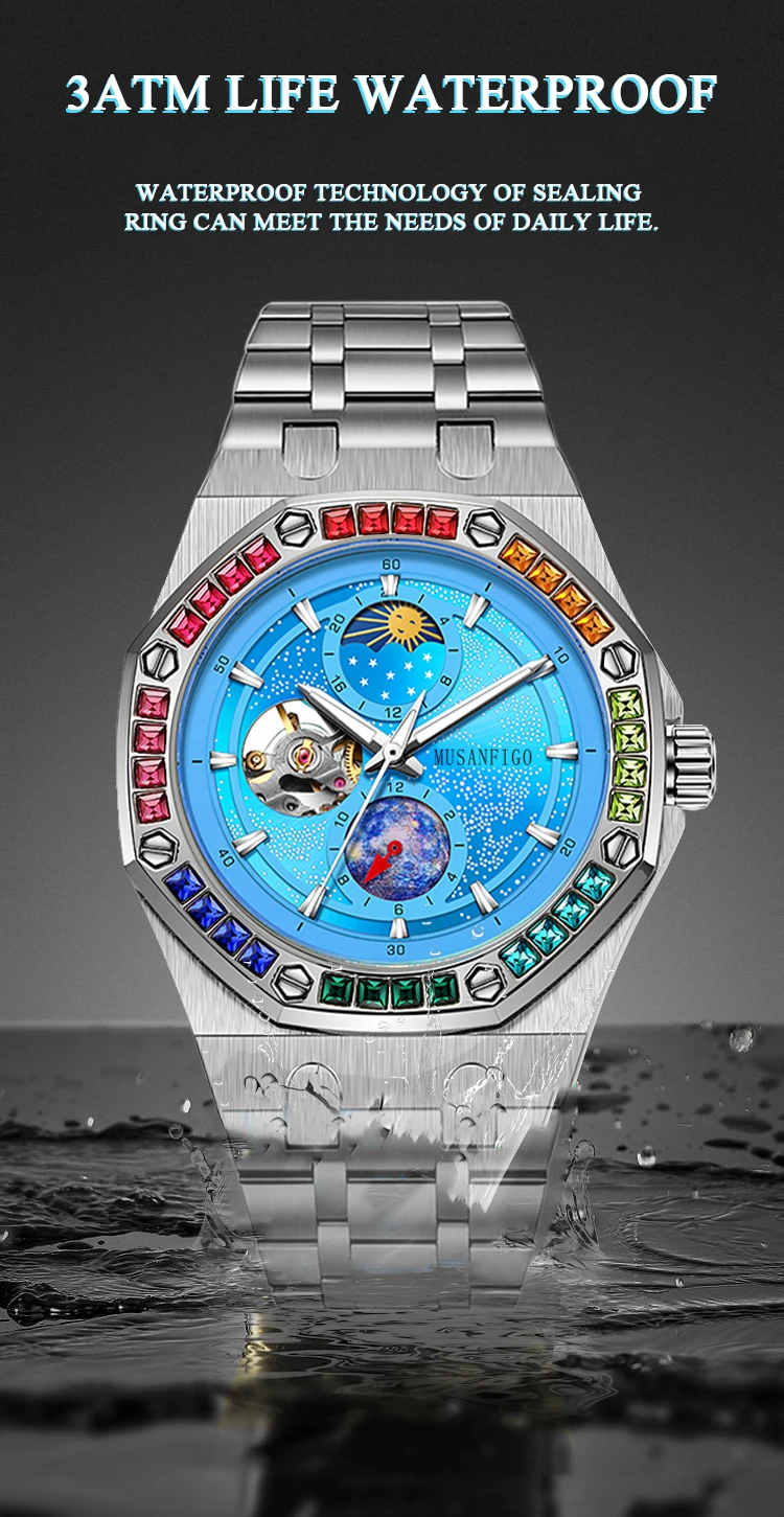 Men\'s Automatic Watch, Waterproof Watch, Rhinestone, Super Luminous Sun, Moon and Stars, Dial, Skeleton, Men\'s Gift Watch