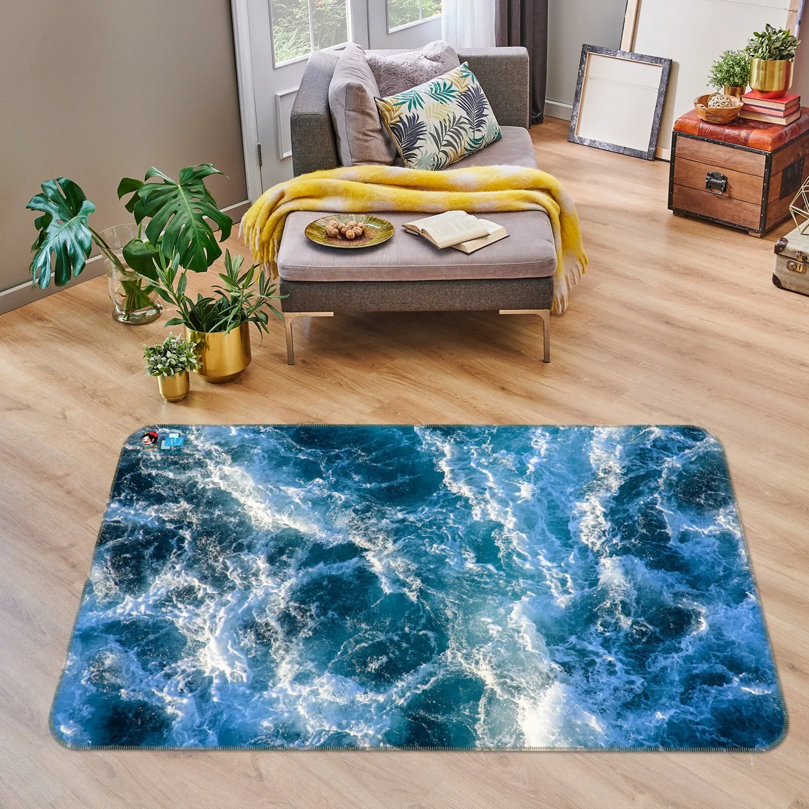 Ocean Wave Rug Dynamic Blue Water Scene Non Slip Floor Mat for Living Room Home Decor