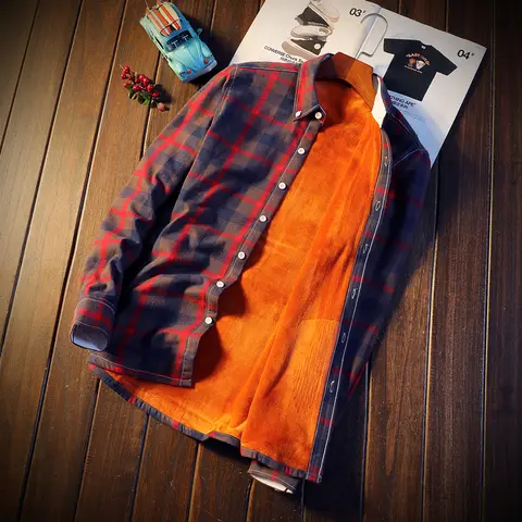 Winter Men Red Plaid Shirt,  Autumn Thick Cotton Shirts, Fashion Warm Long Sleeve Striped Shirt Men Camisa/Chemise Red Blue