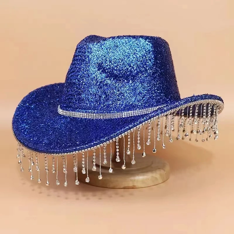 

A top hat with shiny tassels in different colors, suitable for cowboy parties, adult parties, dance parties,everyday casual life