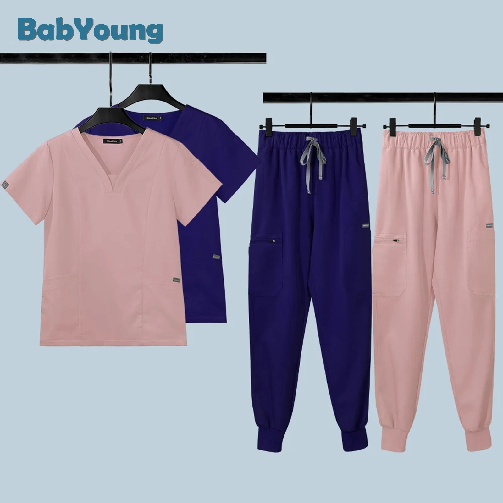 Marine Peelings Set medizinische Uniformen Frauen Pflege V-Ausschnitt Top Pocket Hosen Krankens ch wester Uniform Männer Peeling Mantel Hosen Zubehör