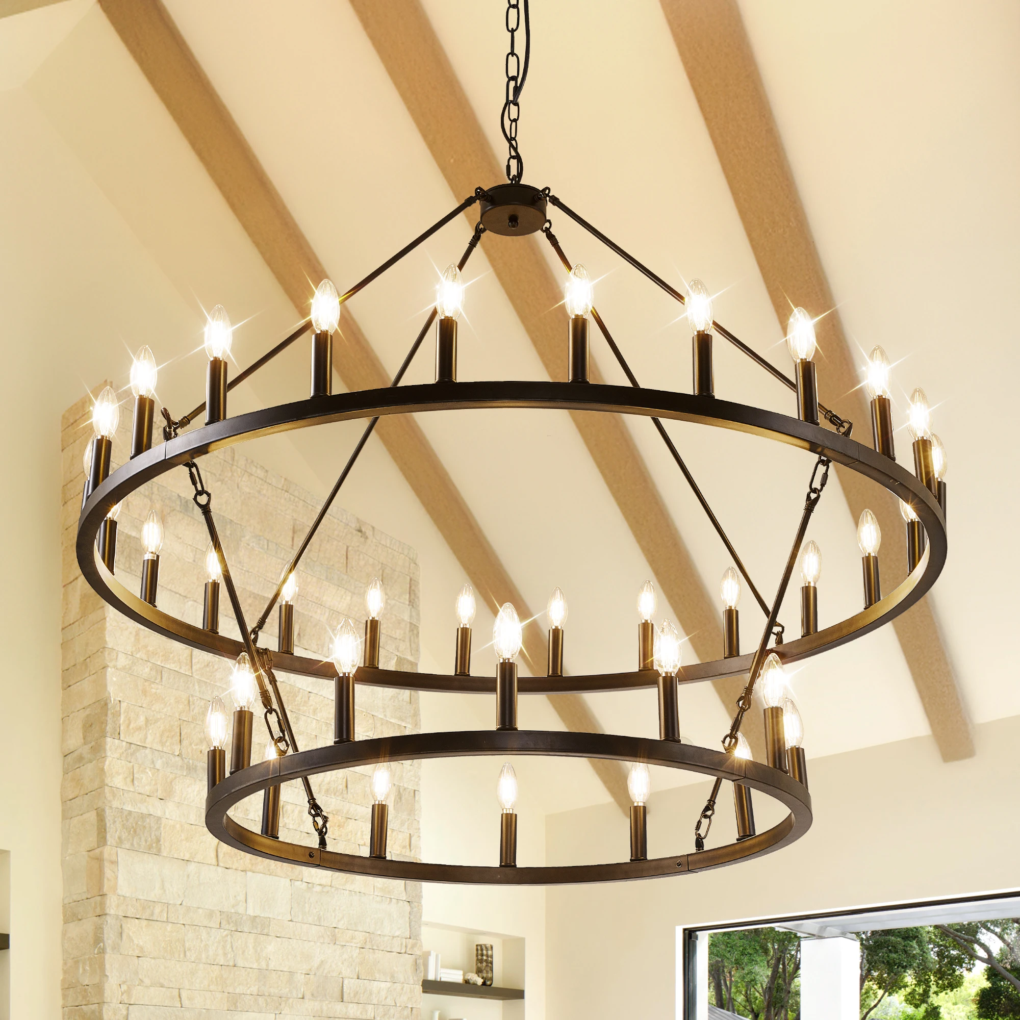 

47'' Extra Large Wagon Wheel Chandelier 2 Tier 36-Lights Farmhouse Pendant Light Fixture Hanging Lighting for High Ceiling