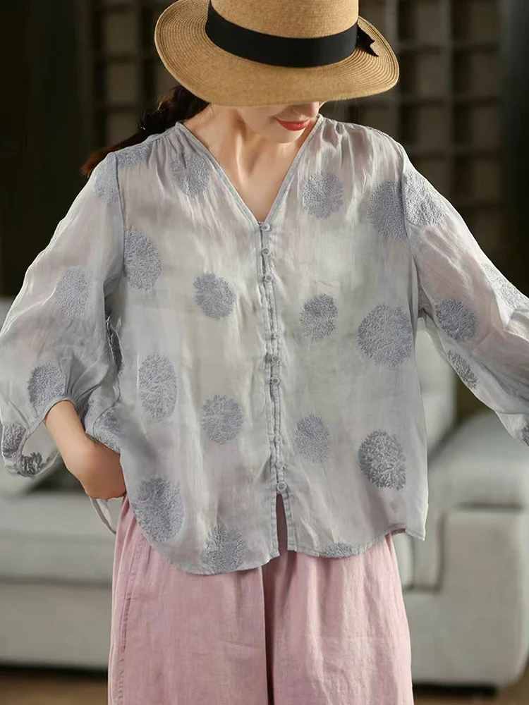 100% Ramie Frauen Casual Shirt Neue Ankunft 2025 Sommer Vintage Stil V-ausschnitt Floral Stickerei Lose Weibliche Tops Shirts M1691