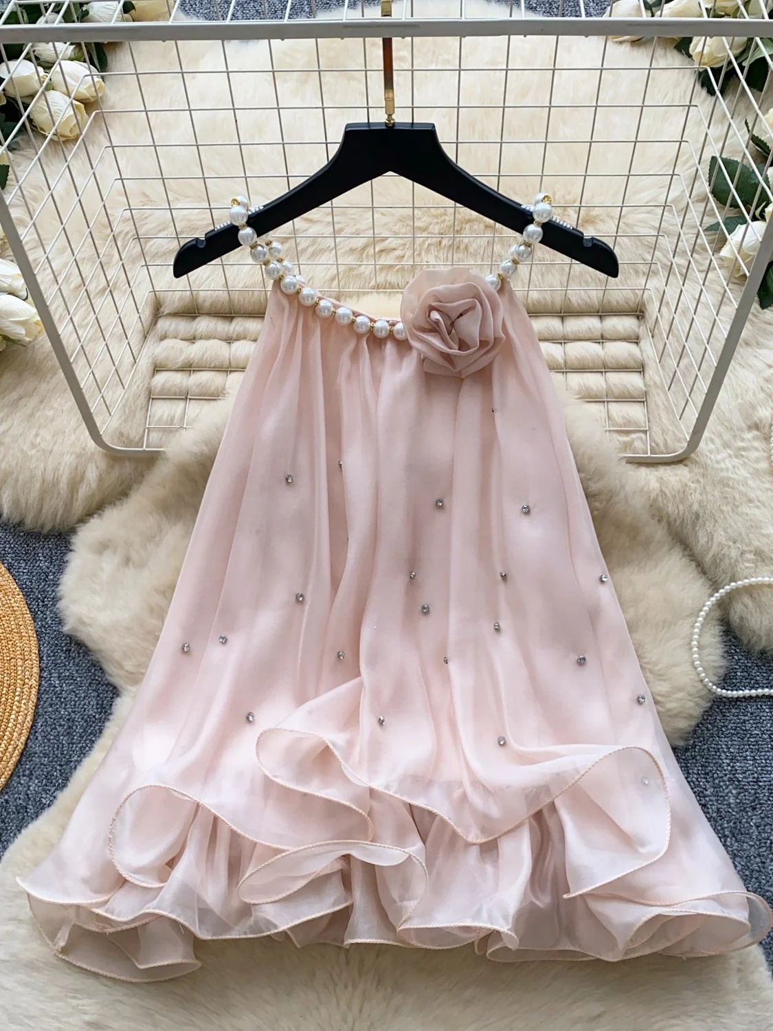 

Elegant Pearl Decorated Strap Vest Women's Summer Design Pink Commute Personality Top Polyester Fiber Slim Fit Outerwear