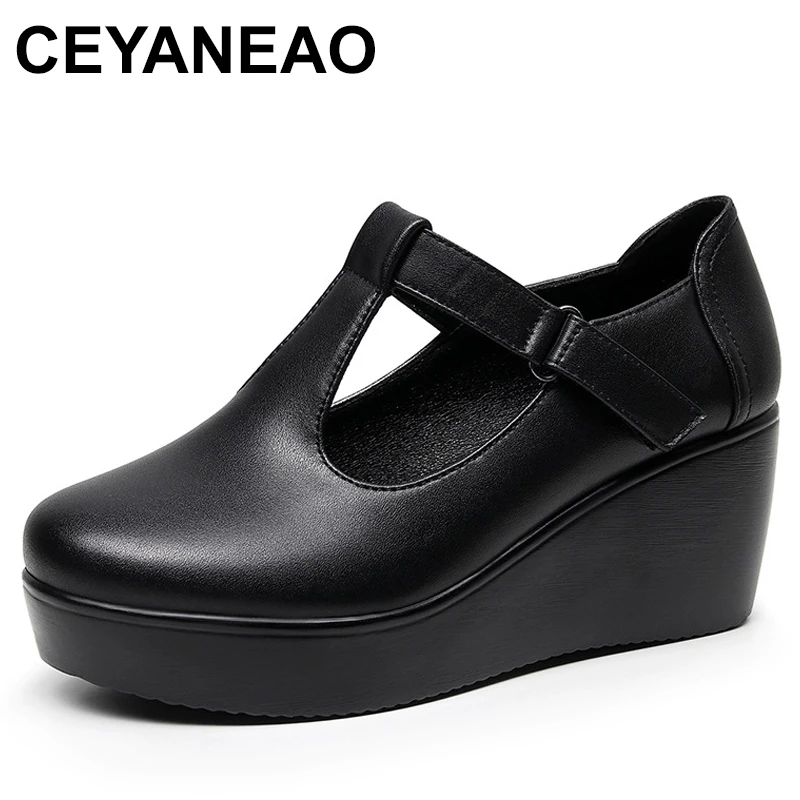 6cm Vintage Med Heels Platform Wedges Shoes 2024 Spring T Strap Mary Janes Women Pumps for Office Mom Girls