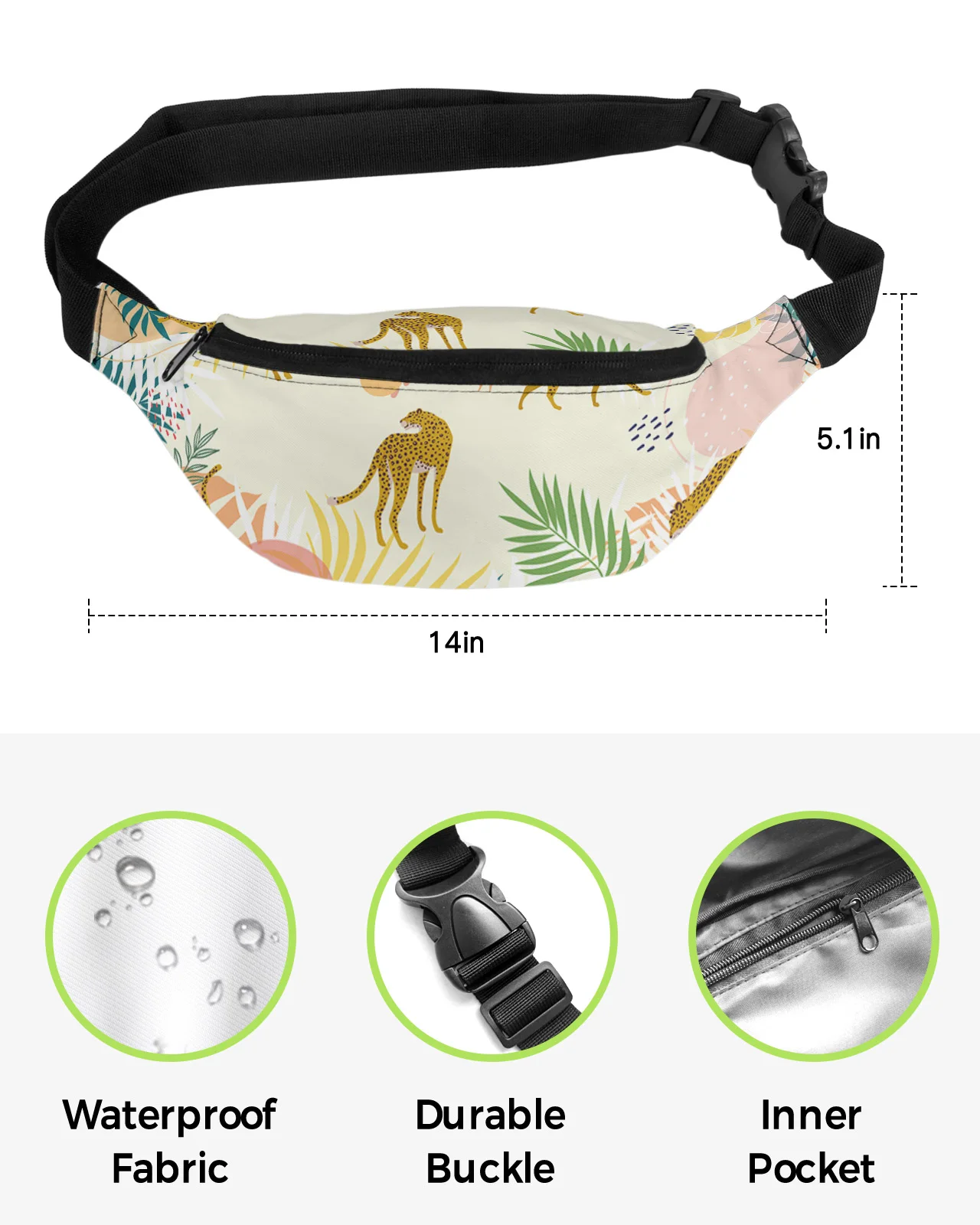 Leopard Tropical Plant Waist Bags for Women Man Travel Shoulder Crossbody Chest Bags Waterproof Fanny Pack