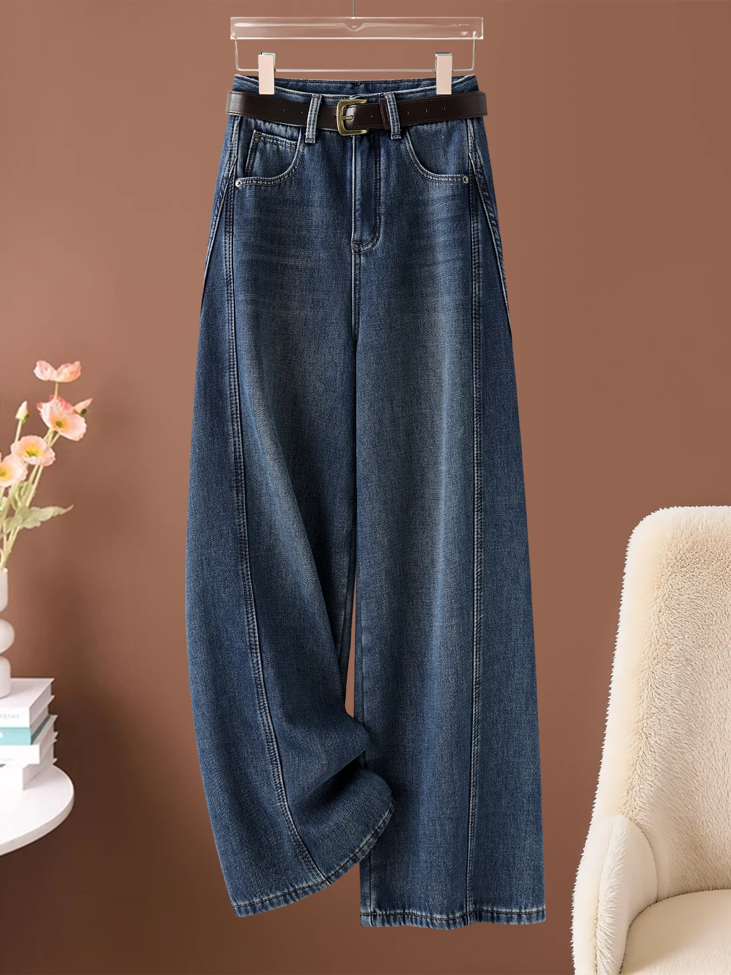 

Retro High Waist Wide Leg Denim Jeans Women's Spring Autumn Winter New Loose Straight Slimming Fleece Knife Pants