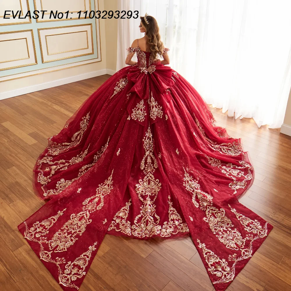 EVLAST Personalizzato Rosa Lucido Abito Quinceanera Abito di Sfera Oro Applique di Pizzo Che Borda Arco Corsetto Dolce 16 Vestido De 15 Anos E1Q88