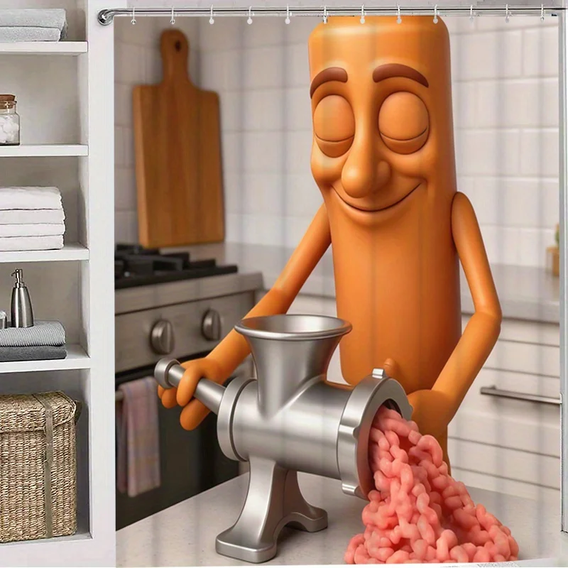 Funny Sausage Character Shower Curtain - Cute Meat Grinder Print, Novelty Food Theme, Waterproof Bathroom Decor, Multiple Sizes