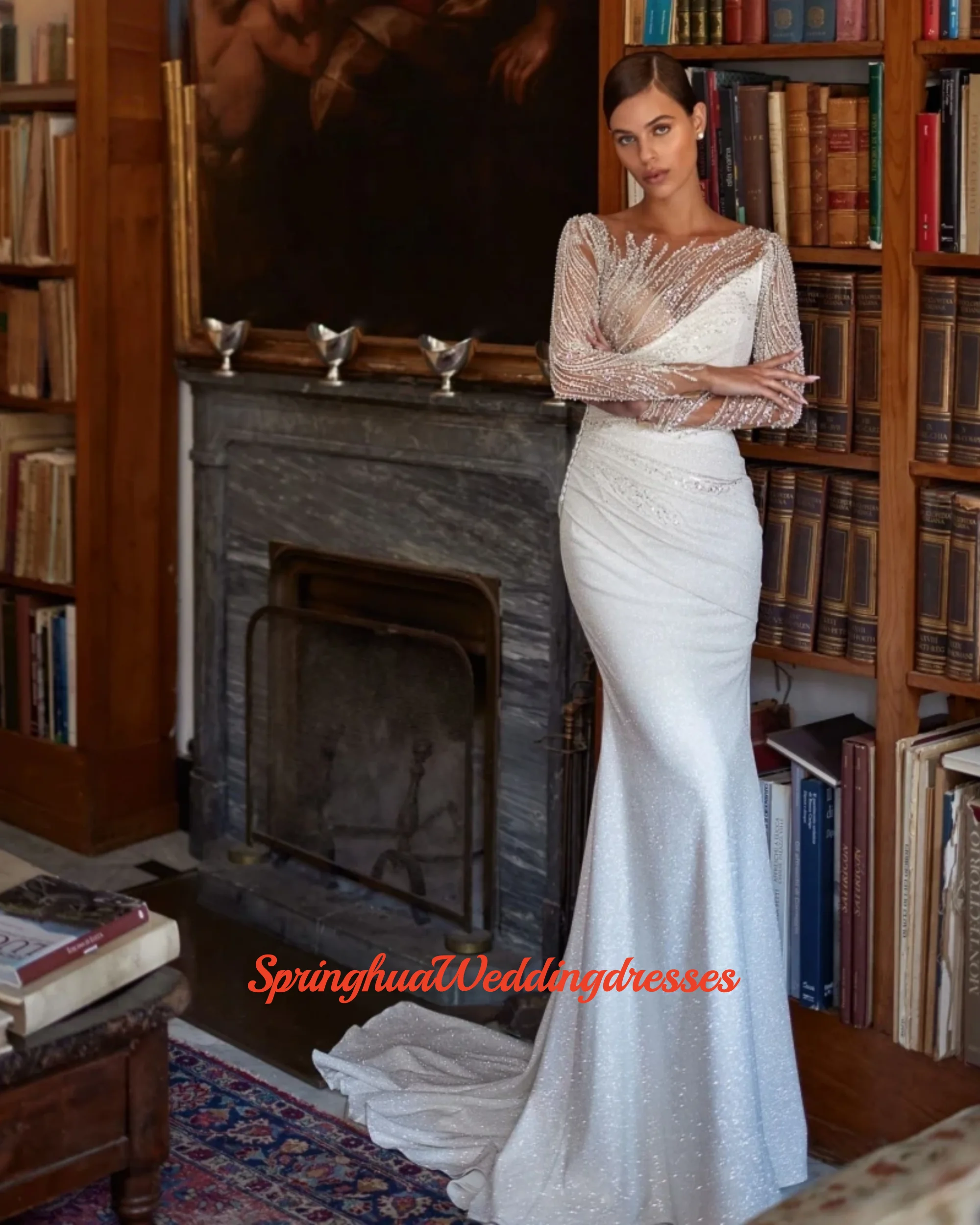 Customzied Boat Neck Long Sleeve Wedding Dress Hand-sewn Sequins Pearls Bride Robe Glitter Mermaid Bridal Gown Vestidos De Novia