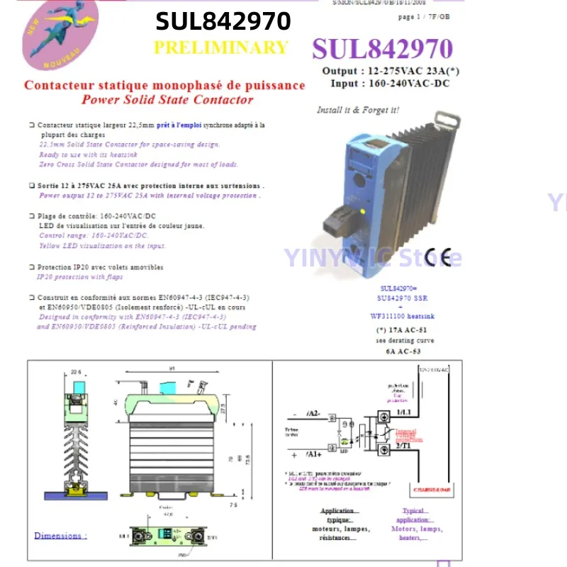 

SUL842970 Output : 12-275VAC 23A(*) Input : 160-240VAC-DC Power Solid State Contactor 100% New imported original 100% quality