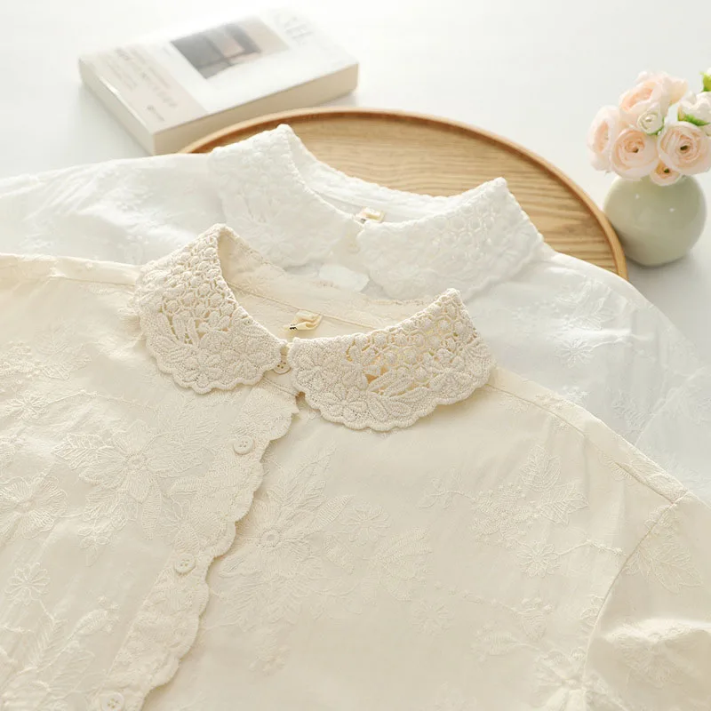 

Mori Girl Style Luxury Cotton Tops for Women Long Sleeve Embroidery Jacquard Flower All-match Stylish Bottom Shirts S185