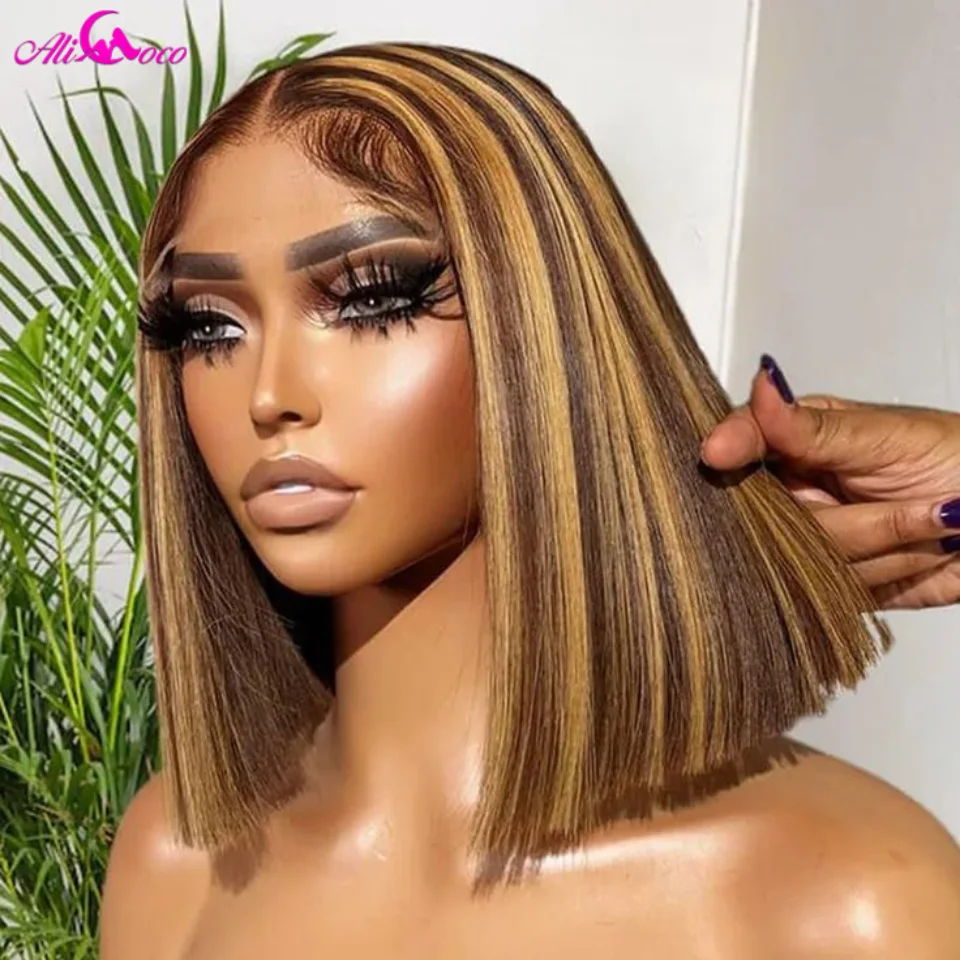 

180 Highlight Blonde Bob Wig Highlight Colored Straight Lace Frontal Bob Wig Human Hair For Women Brazilian Virgin Short Bob Wig