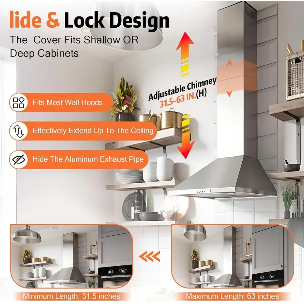 レンジフード用煙突延長パイプ 1/4 x 6.7 x 63インチ、31.5-63インチ ステンレス鋼煙突ダクト 調整可能なカバー 天井用、換気口延長