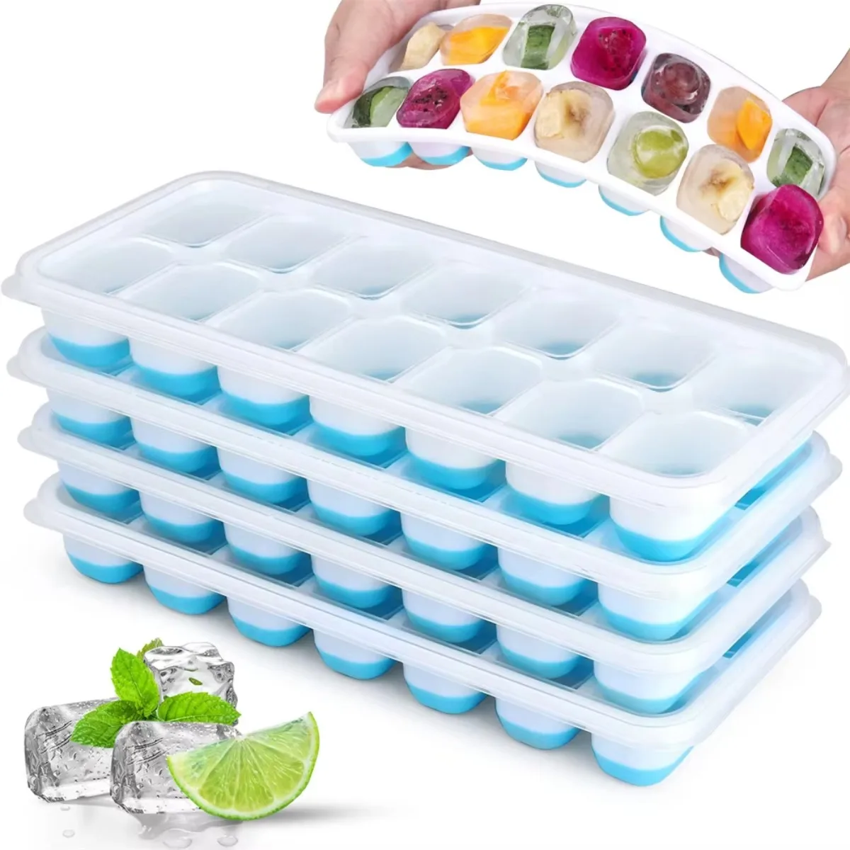 1Pc Stackable Silicone Ice Cube Tray 14 Grid 4Pcs Set with Lid Easy Release for Cocktail Freezer Kitchen Freezing Supplies