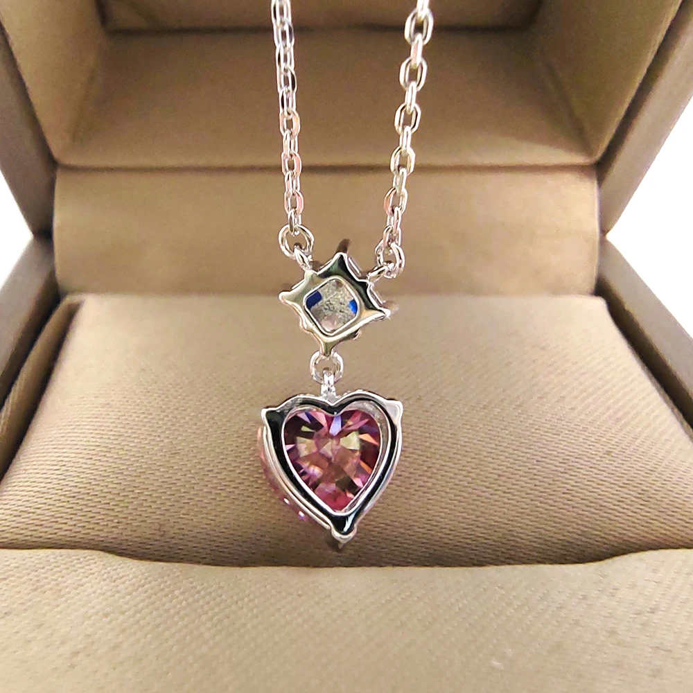 Luomansi Heart Shaped Pendant Necklace 2CT Pink Mosonite GRA Certificate Solid S925 Silver Girl Jewelry Anniversary Gift