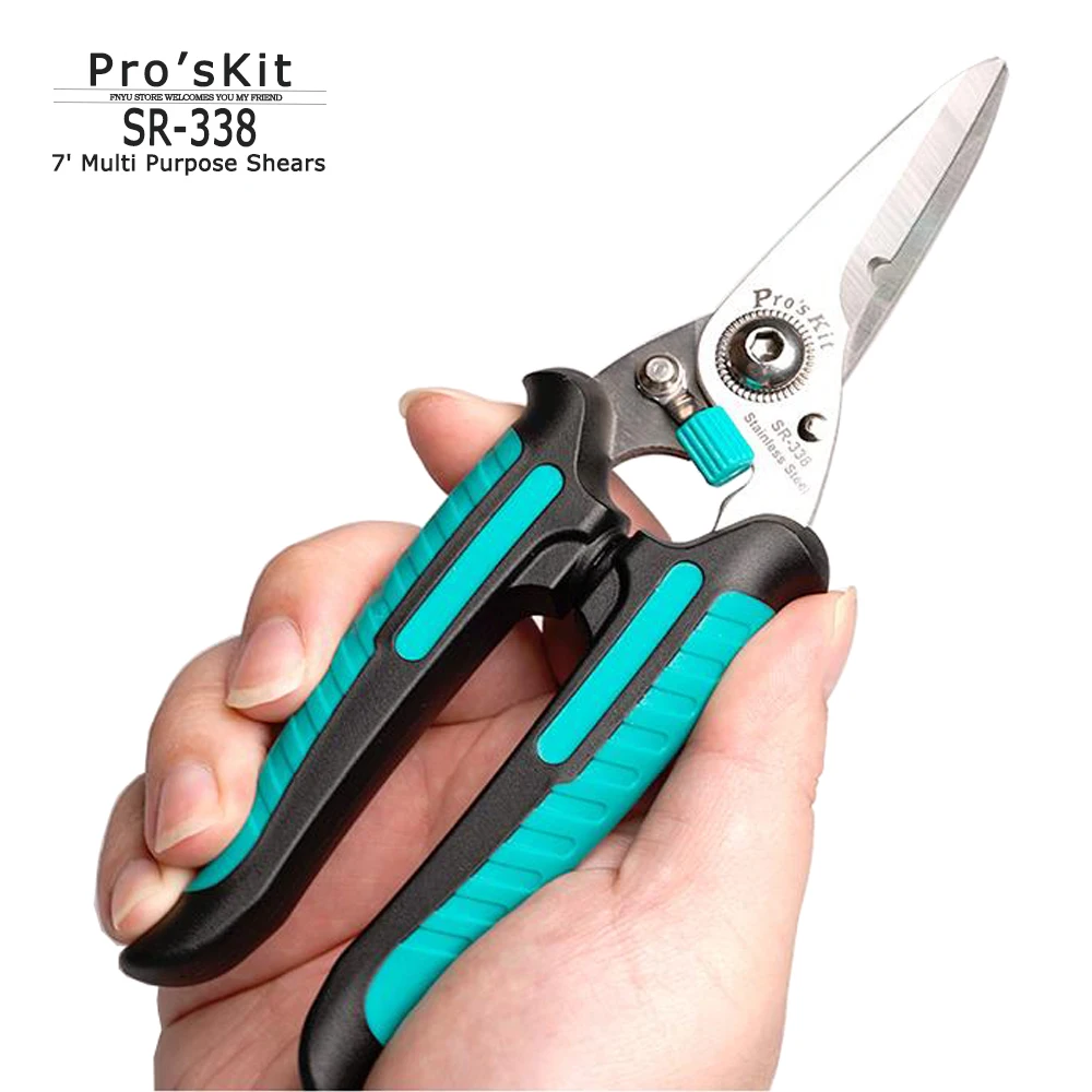 Multi Purpose Shears Pro\'sKit SR-338 7\' Stainless Steel Scissors Cut Cable Strip Wire Iron Net Leather Manual DIY Household Tool