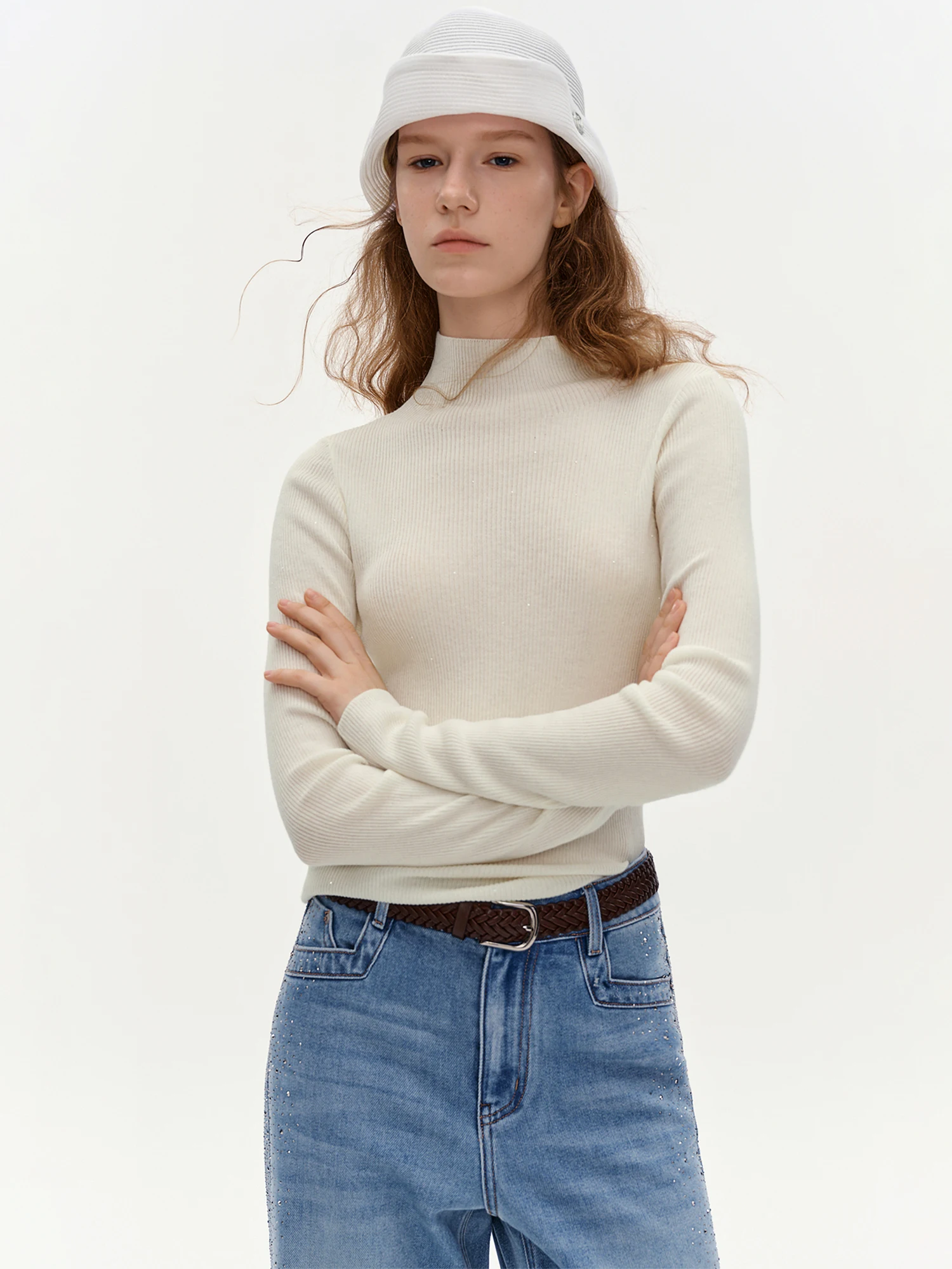 DUSHU Women's Shimmer Textured Mock Neck Wool Base Layer 2026 Winter New Slim Fit Figure-Flattering Long Sleeve Top Pullover
