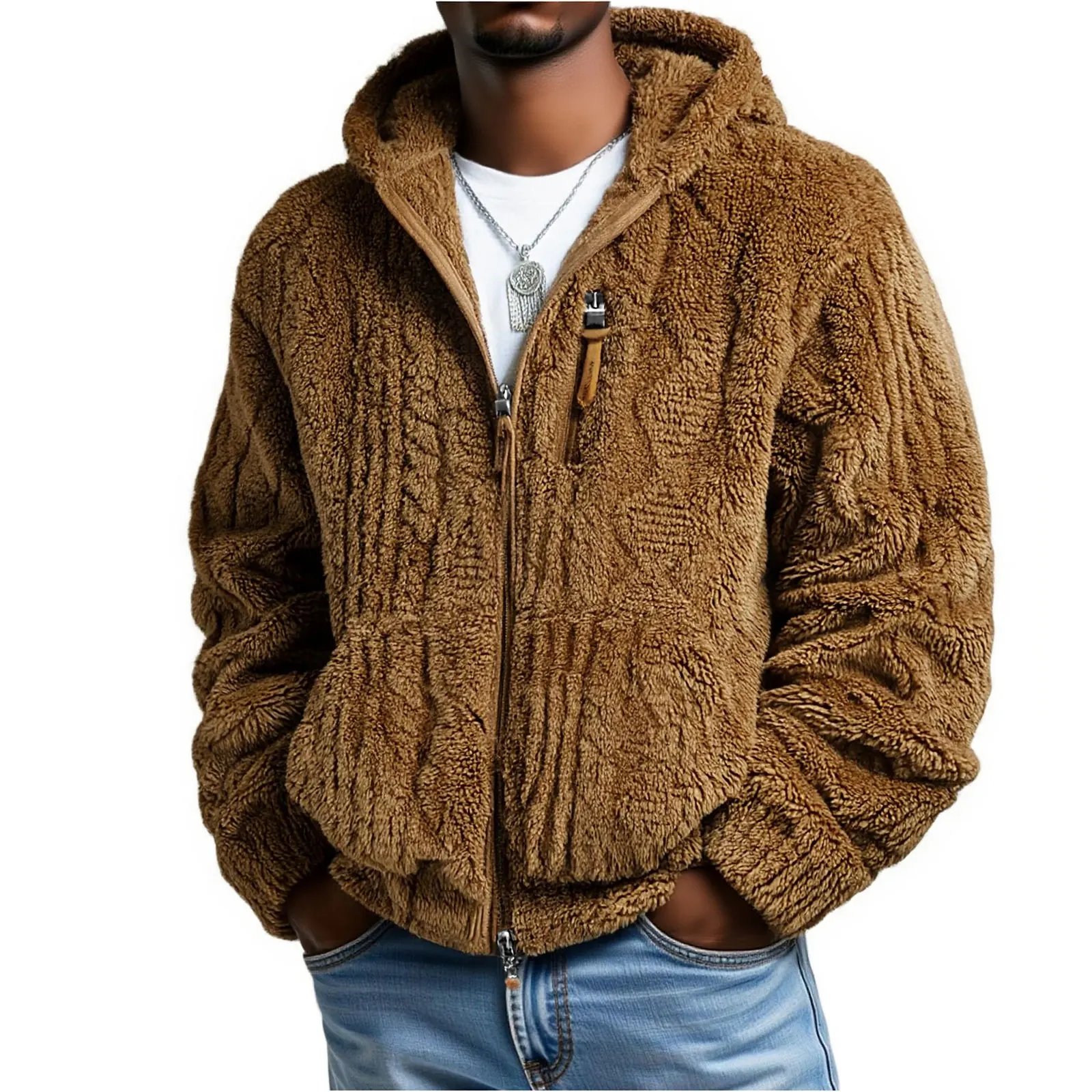

Men's Hooded Fleece Zip-Up Jacket Autumn Winter Warm Fleece Jackets Solid Color Loose Plush Coat Male Running Outfits