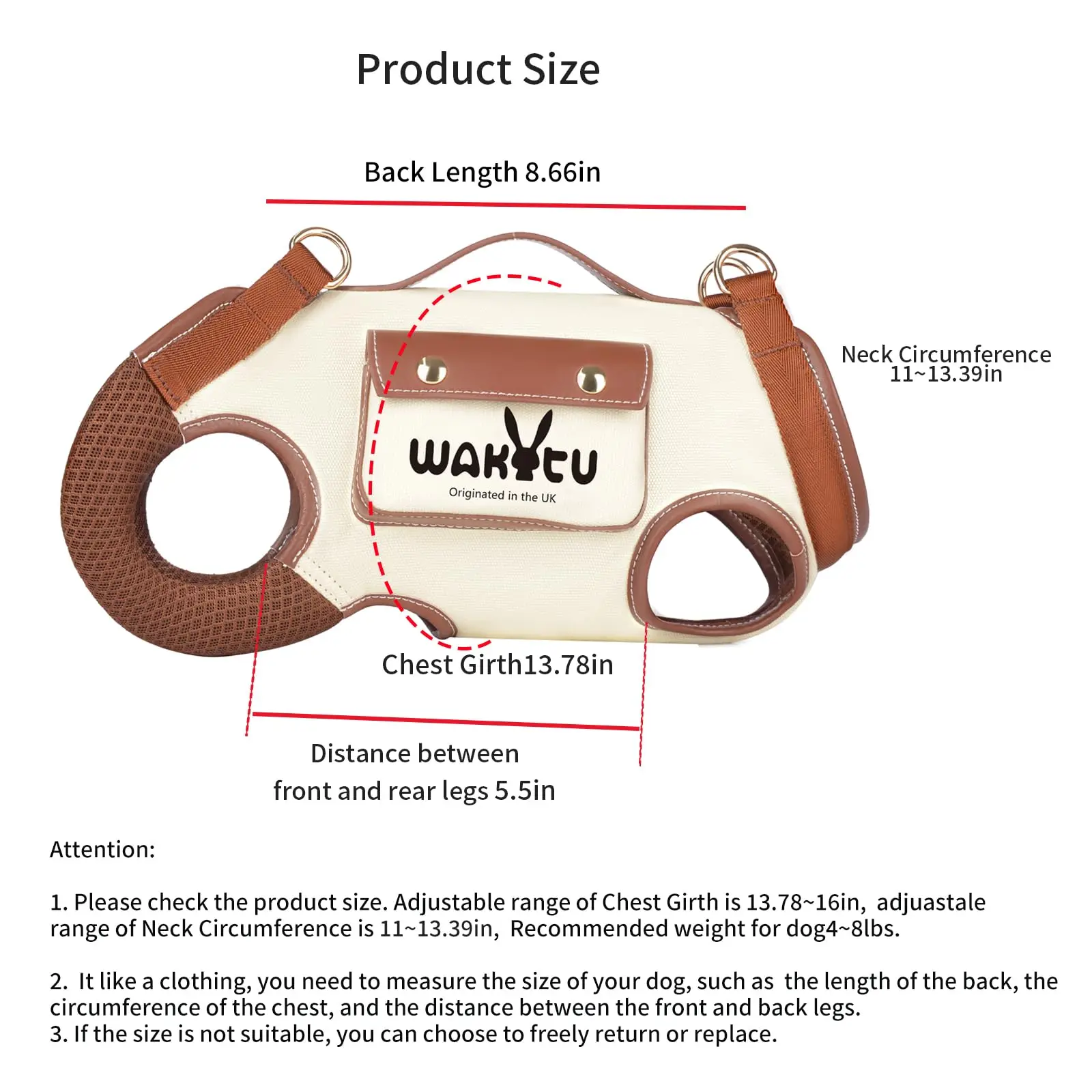 Wakytu Dog Lift Harness for Small Dogs Cats Sling Carrier with Handle Leash Pocket Outdoor Travel Walking Hind Leg Stair Support