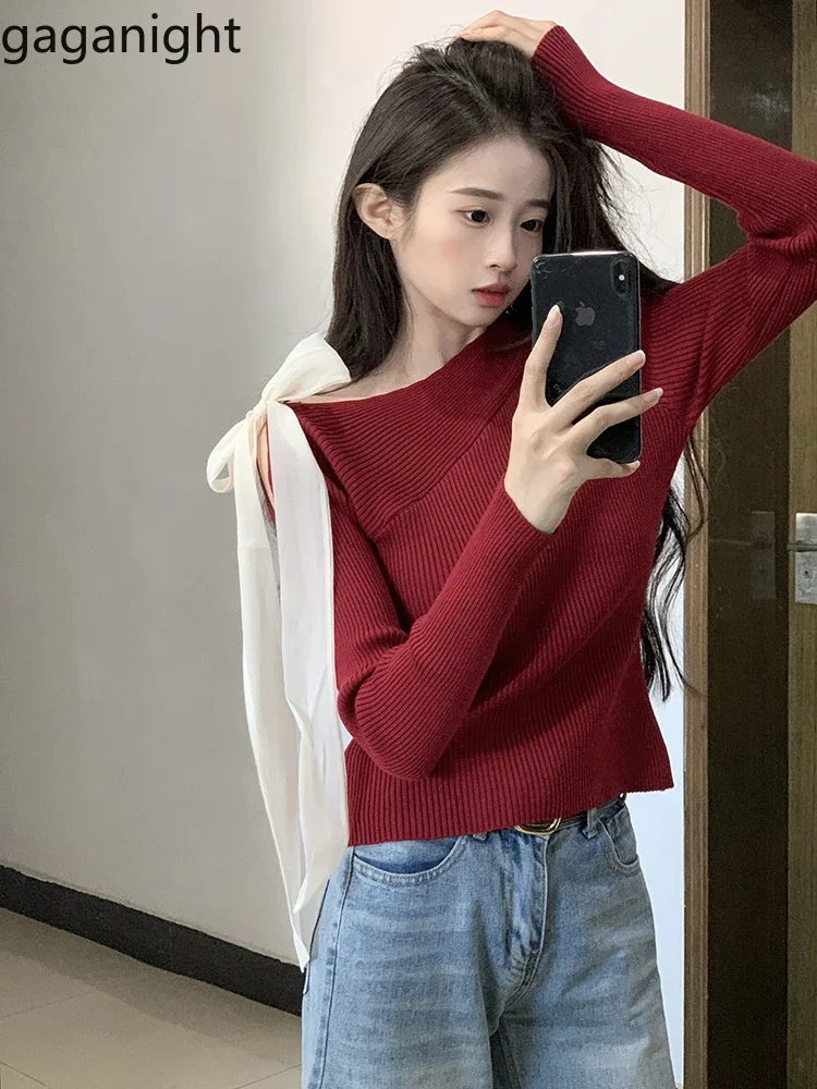 Gaganight Women Red Bow Long Sleeved Knitted Sweater Autumn 2024 New Korean Chic Oblique Shoulder Slim Fit Chic Top Female