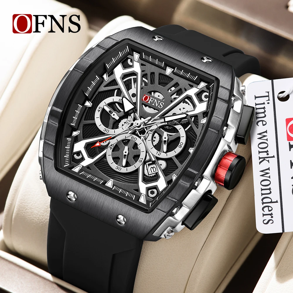 OFNS 8030 Fashion Men's Quartz Watch Wine Barrel Type Three Eye Six Needle Multi functional Waterproof Calendar Men's Watch