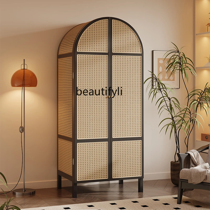 Bed & Breakfast Rattan Wardrobe Designer Double-Door Solid Wood Cabinets Balcony Storage Locker