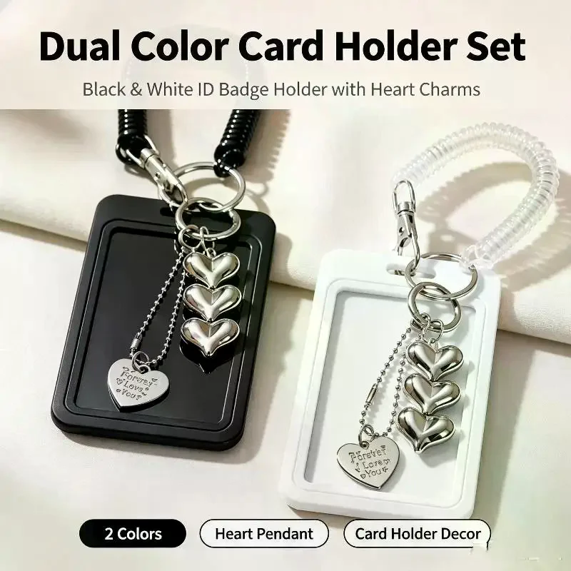 Heart-Shaped ID Card Holder Keychain Work Badge Keyring with Photo Storage Small Card Protector for Office Daily Use