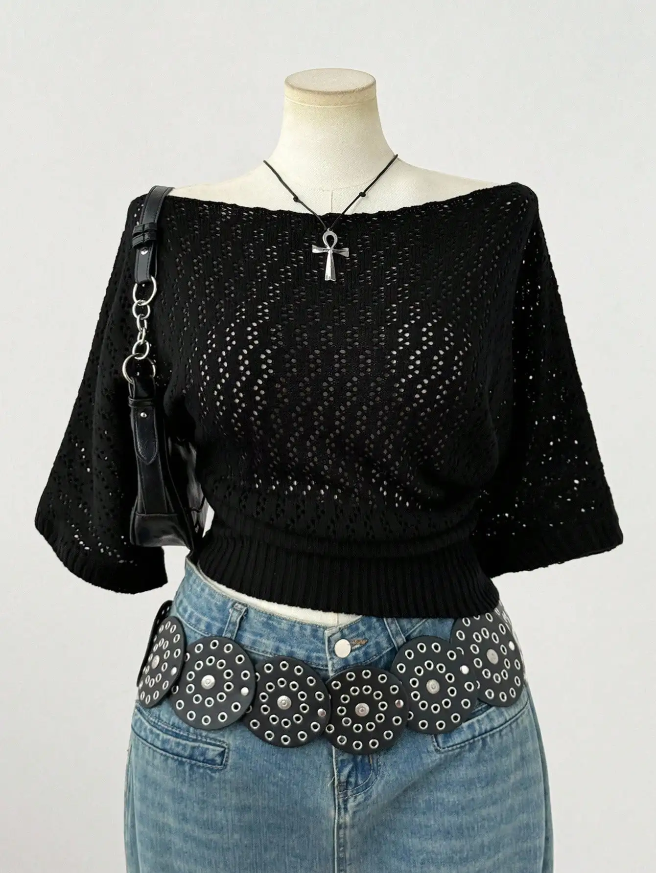 

Y2K Gothic Black Hollow Out Knit Top with Off Shoulder Design, Short Sleeve for Spring Summer