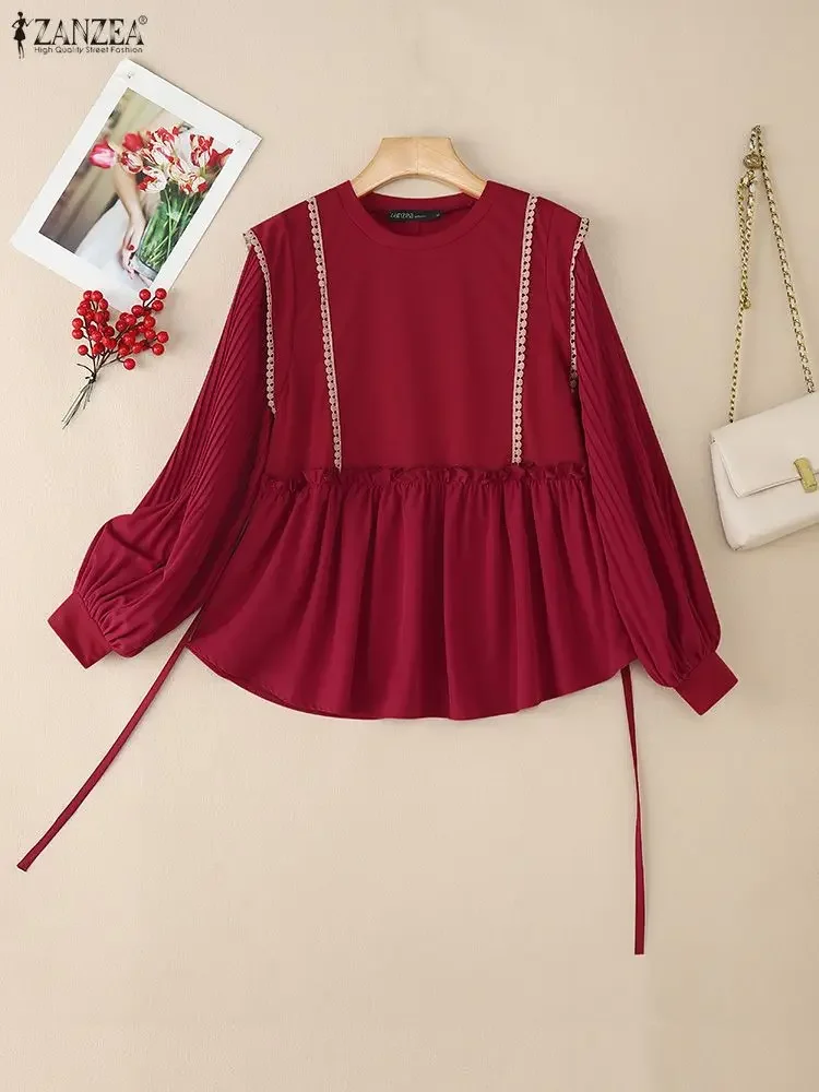 ZANZEA 여성 가을 패치워크 블라우스 2025 무슬림 패션 셔츠 플리츠 풀오버 여성 우아한 롱 랜턴 슬리브 탑